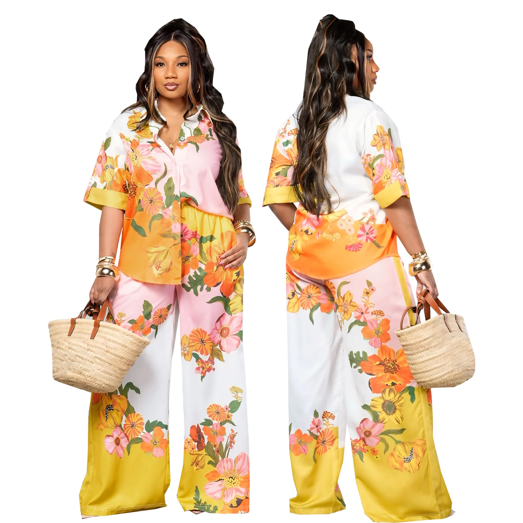 

TW665 Трансграничная женская модная рубашка с цветочным принтом, повседневный комплект широких брюк с завязкой на талии, комплект Amazon Independent Station