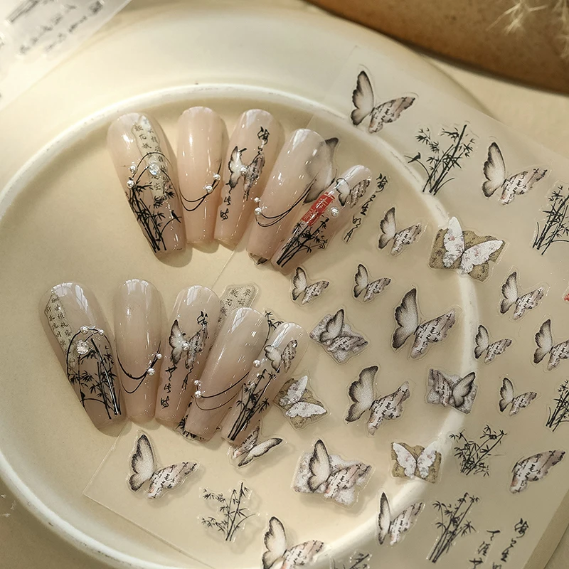 Chinese Style Butterfly Nail Art Sticker Embossed Poetry Ink Bamboo Decals For Nail Art Design Nail Transfer Sliders DIY Decor