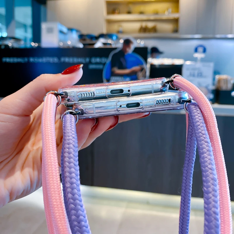 Glitter Necklace Case For Samsung Galaxy S25 S23 S21 S20 FE S24 Plus S26 Ultra A56 A36 A17 Crossbody Lanyard Strap Phone Cover