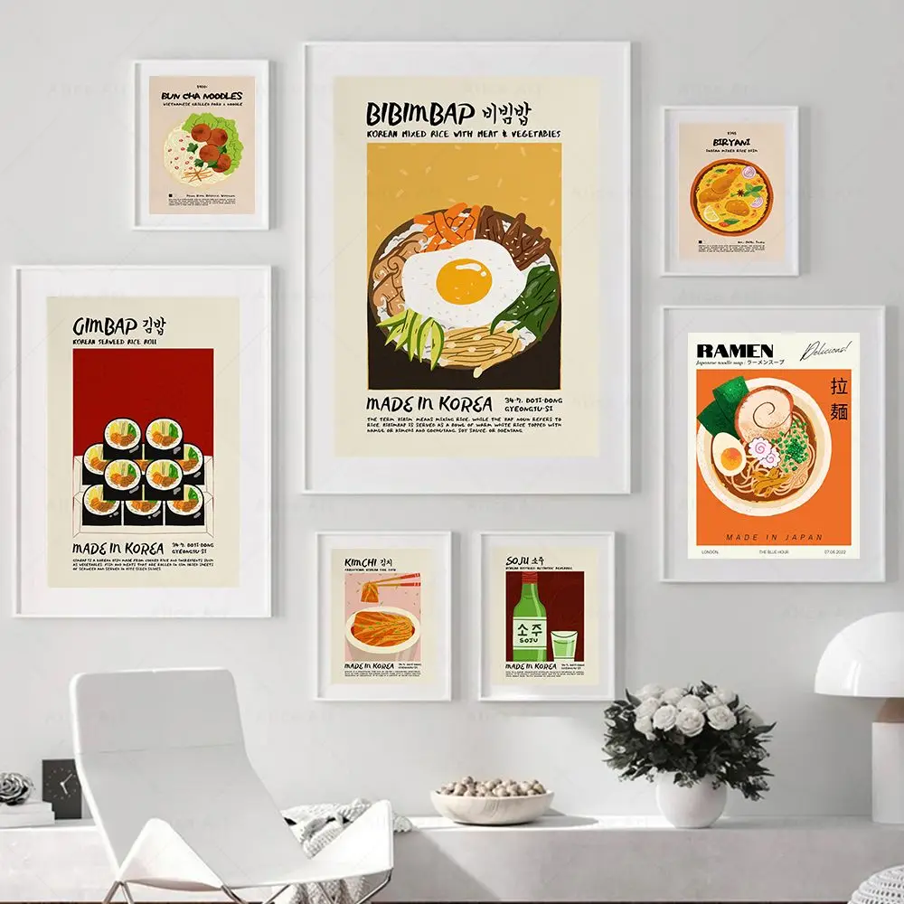 

Vintage Asian Food Posters Korean Bibimbap Japanese Ramen Wall Art Canvas Painting Print Wall Picture Kitchen Dinning Room Decor