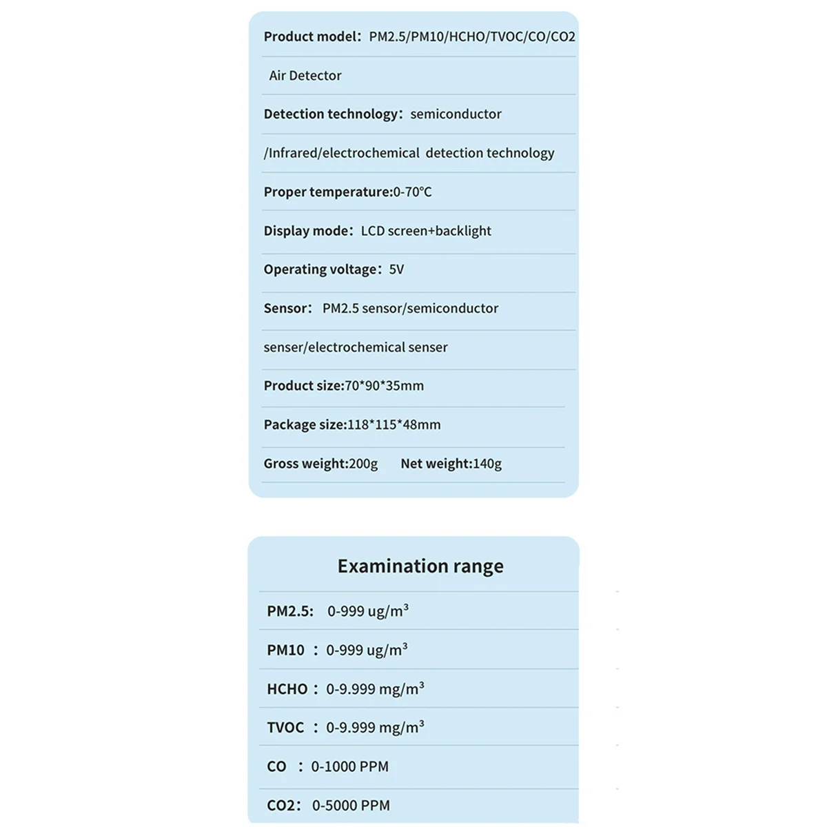 6 en 1 PM2.5 PM10 HCHO TVOC CO CO2 Detector de calidad del aire CO CO2 Monitor de formaldehído Probador de calidad del aire para el hogar y la Oficina, Negro