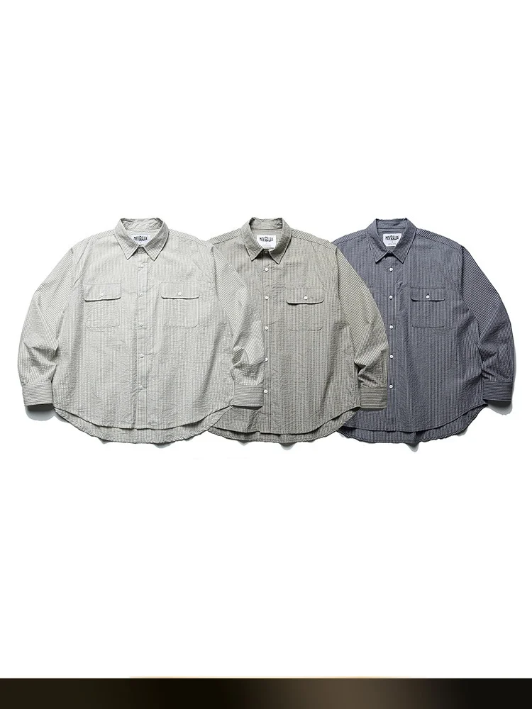 

NTED Japanese Sle Retro Bubble Cloth Striped ket Workwear Long Sve irt Men's Loose Casual irt Autumn New Arrival