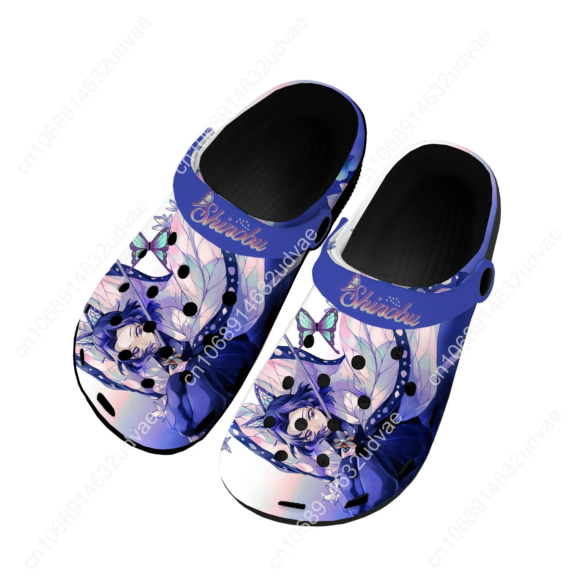 Tamancos domésticos personalizados para homens e mulheres, Shinobu Kocho, Kimetsu No Yaiba, Praia Clog, Adolescente Sapato, Jardim Clog, Buraco, Chinelos Pretos