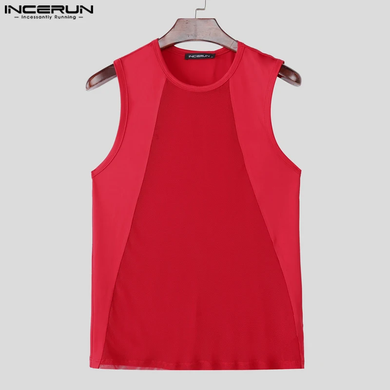 

INCERUN мужские майки в сетку в стиле пэчворк, прозрачные сексуальные мужские жилеты, летняя уличная одежда без рукавов с круглым вырезом, модная мужская одежда 2025 г.