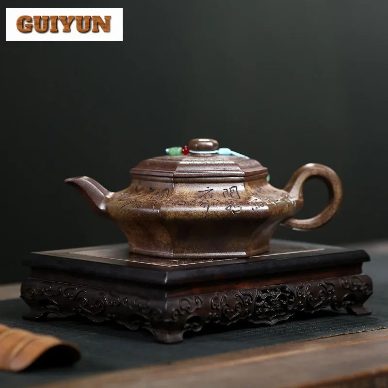 

400 мл Исин Фиолетовые глиняные чайники ручной работы Шестиугольный плоский горшок Температура необработанной руды Дрова Грязь Чайный чайник Чайный сервиз Zisha