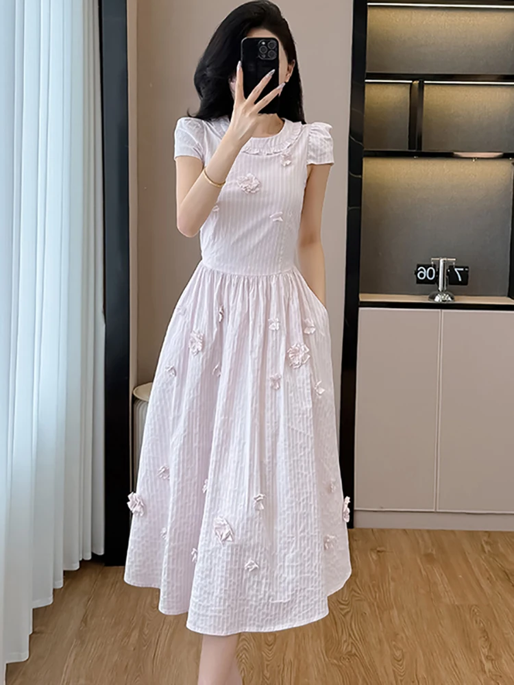 

2025 New Pink Appliques Short Sleeve Casual Long Dress Women Elegant Chic Fesitval Party Dress Summer Korean Bodycon Prom Dress