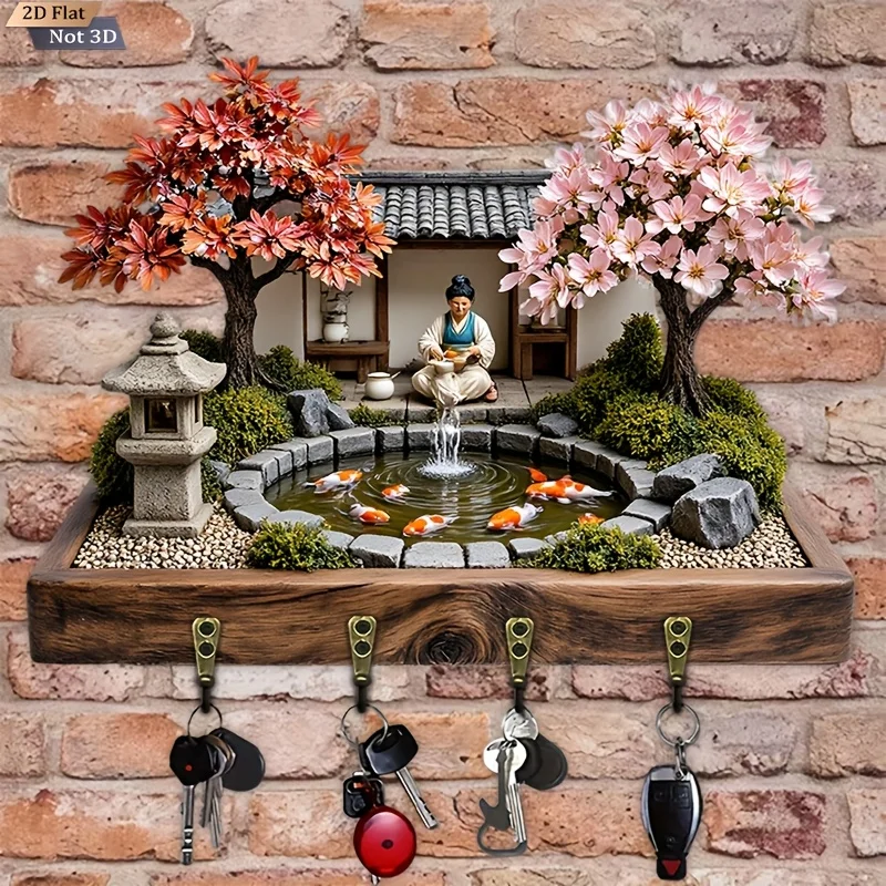 Single-Piece Japanese Garden Key Rack | Wooden Multifunctional Decorative Key Holder with Four Metal Hooks, Wall and Room