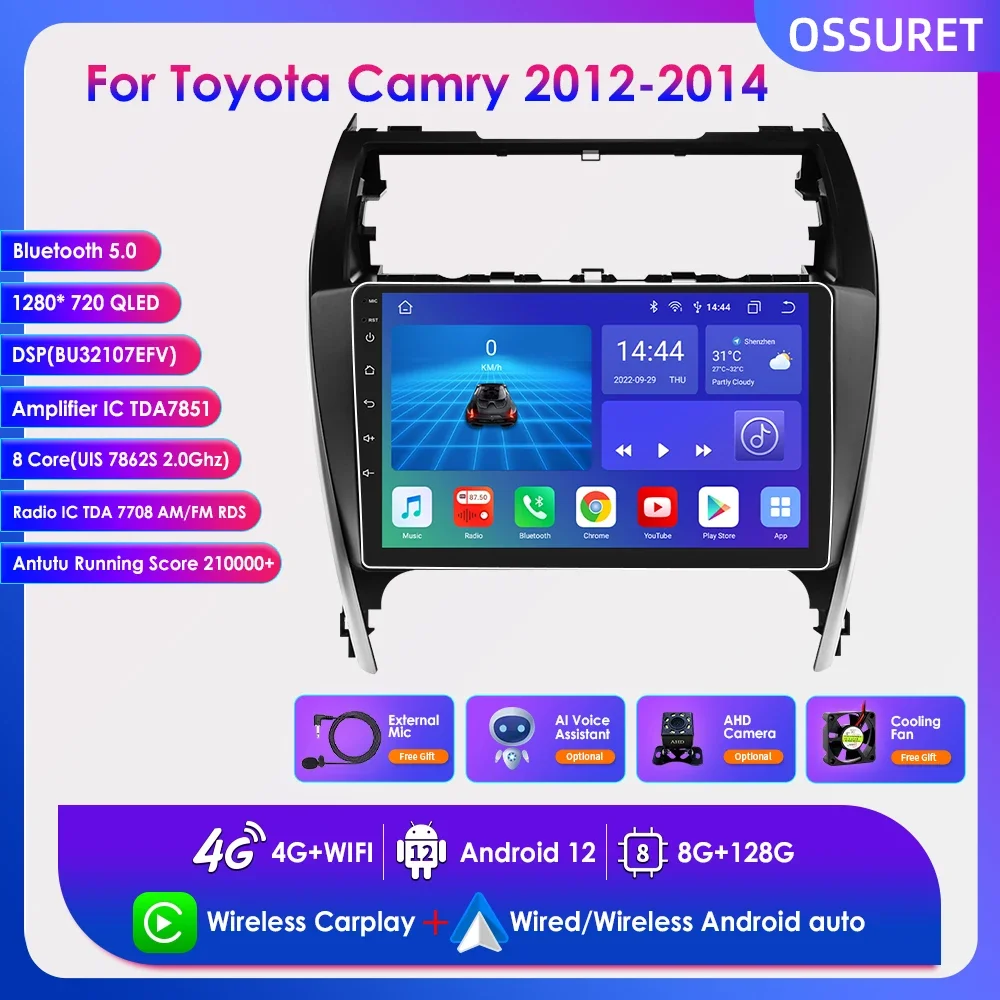 10.1'' 2din Carplay for Toyota Camry 2012-2014 North America Car Radio Multimedia Player Android 12 Stereo GPS Navi BT 4G FM DSP