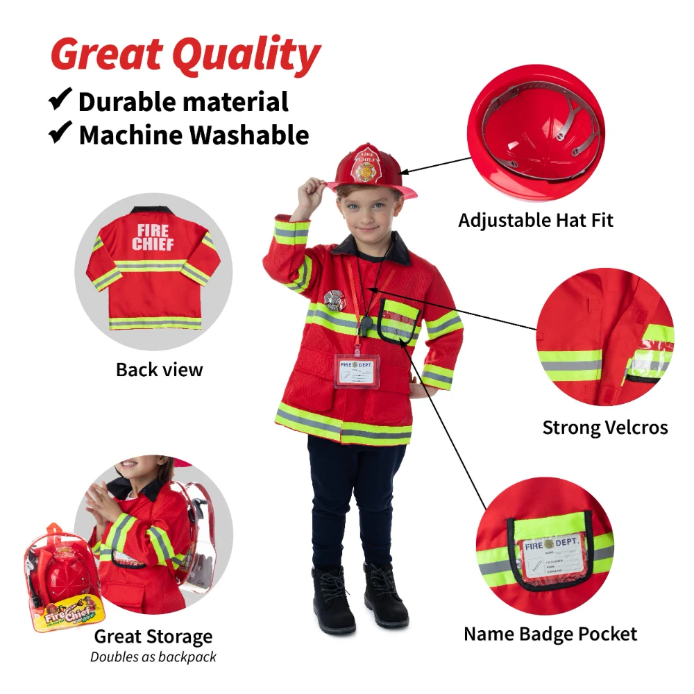 WizKidz Premium Washable Kids Fireman Costume Toy with Complete Firefighter Accessories for Boys & Girls Toddlers and Children