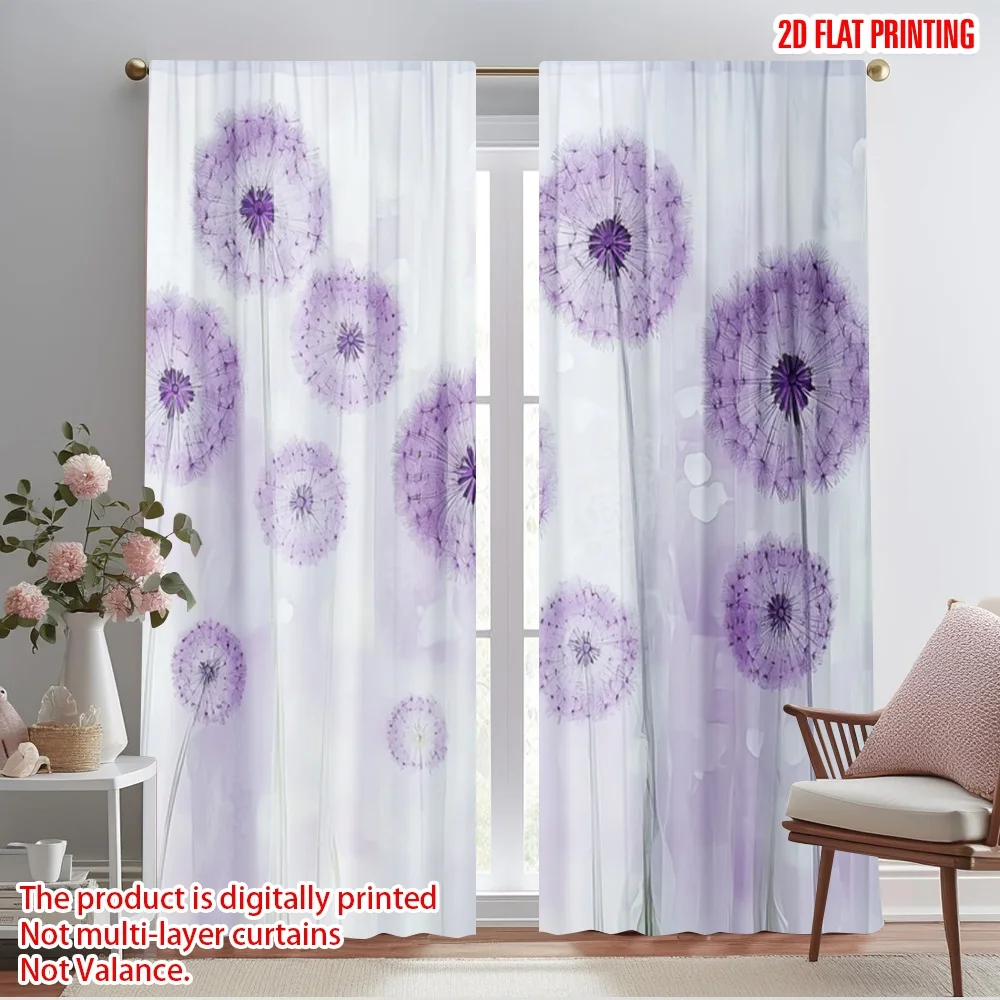 2pcs,2D plane printing Light Filtering Curtains Purple Dandelion Dreams Versatile Durable Polyester (without rod) Art Deco