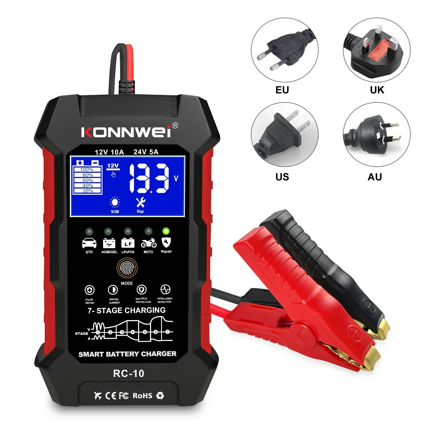 KONNWEI RC-10 12V 10 A  24V 5A Car Battery Charger Full Automatic Fast Charging Pulse Repair Battery Charger Lead Acid AGM Gel