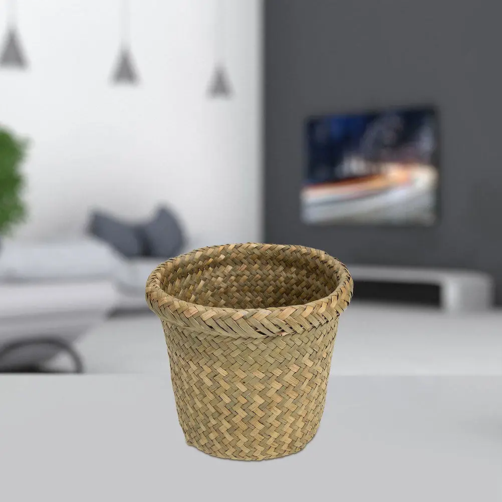Seagrass Storage Basket Large Capacity Woven Waste Bin Round Straw Rubbish Paper Container for Bathroom Kitchen Home Office