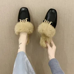 Nuove pantofole in peluche da donna indossano autunno inverno 2023 scarpe Muller sfocate scarpe in cotone pigro mezze pantofole ricoperte con punta piatta