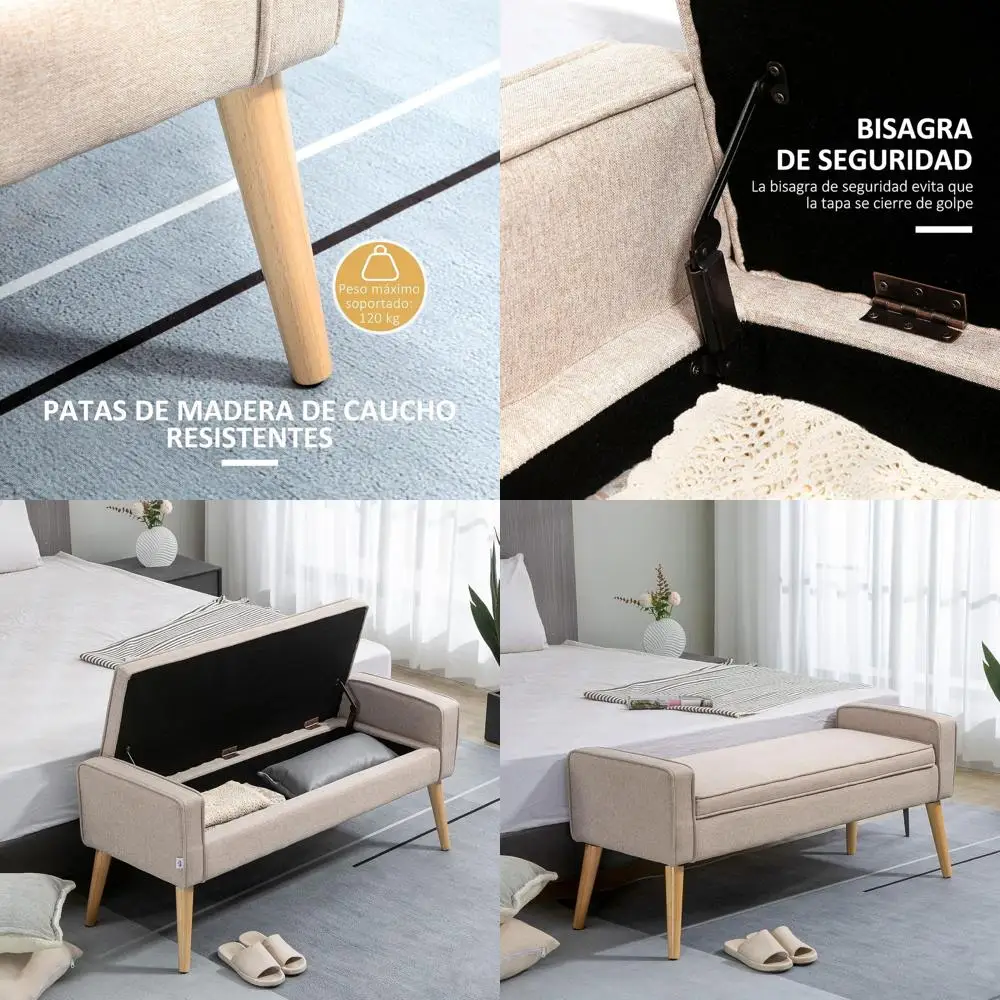 

Upholstered Storage Bench with Hinged Lid, Wooden Legs, for Bedroom, Living Room or Entrance, Holds 120 kg, 120 x 45 x 54 cm, Be