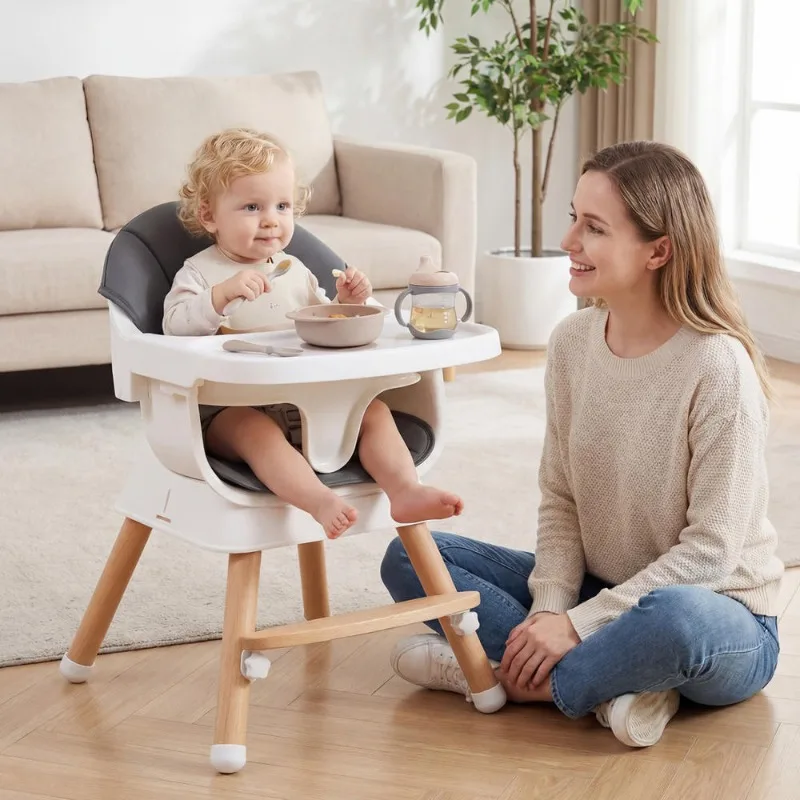 Chaise haute bébé transformable 85 cm en bois de hêtre massif avec coussin en PU hypoallergénique, plateau réglable en trois positions sans BPA, structure renforcée et harnais cinq points pour repas bébé portable