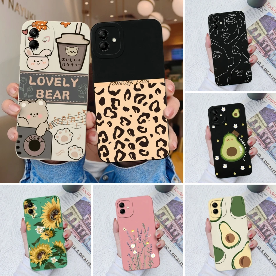 Phone Case For Samsung A04 A04E A04S Cartoon Liquid Silicone Lens Protection Black Cover For Galaxy A 04 E S Coque Bumper Capa