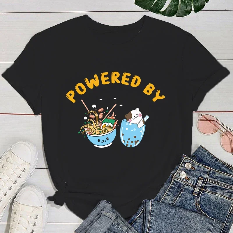 (Premium T-shirt)New Hot Powered By Ramen Cat Printed T-Shirts Women Girl Casual Loose Round Neck Creative Personalized T-Shirts