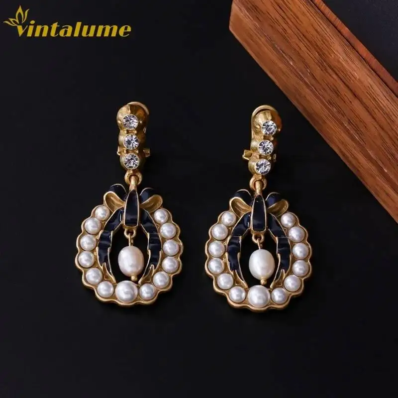

Vintalume Vintage Fashion Pearl CZ Enamel Oval Artistic Bowknot Charm Dangle Drop Earrings For Women Delicate Statement Earring