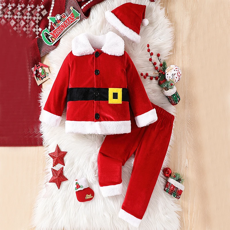 3Piece Autumn Winter Baby Sets Girl Boy Clothes Christmas Santa Claus Cute Fleece Warm Tops+Pants+Hat Newborn Photography BC1690