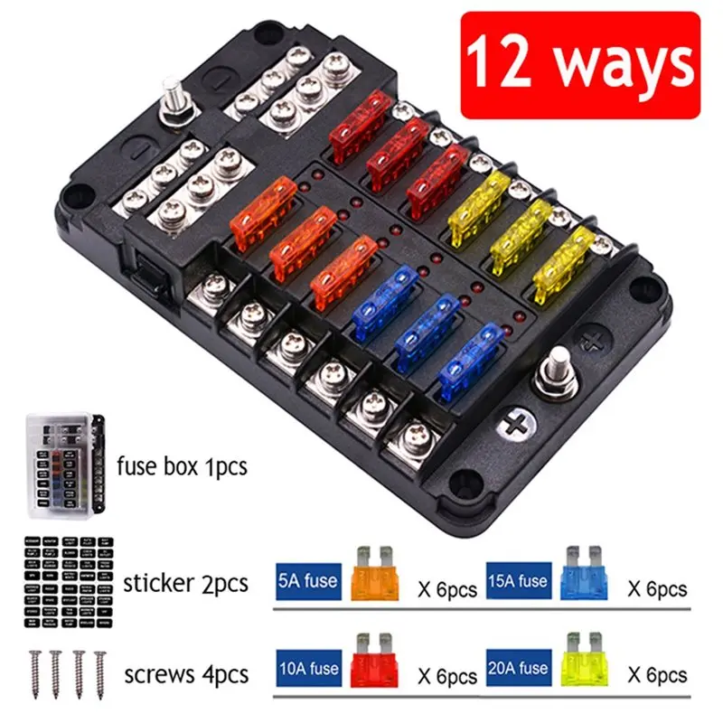 12 Way Blade Fuse Block Car Power Distributor 12-24V