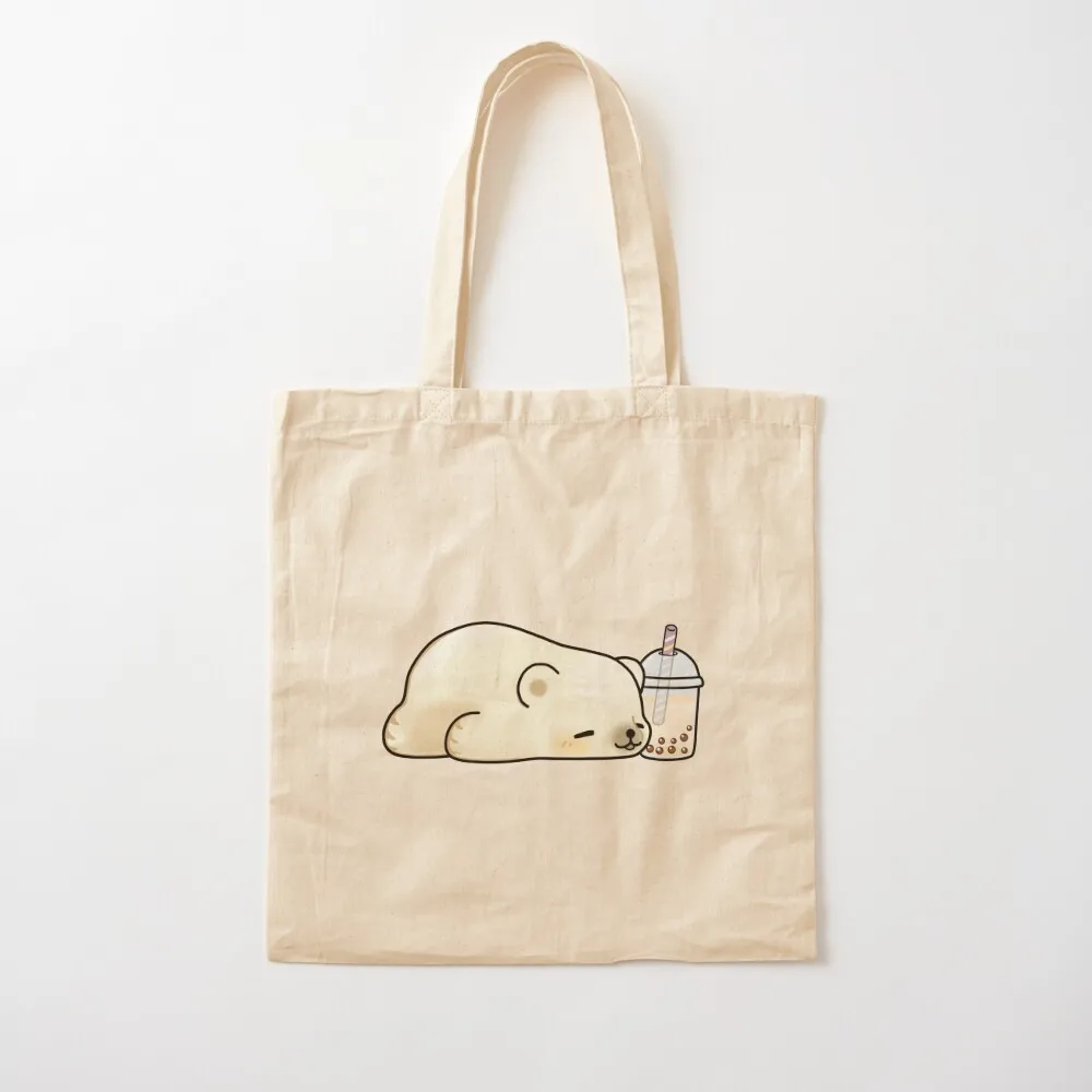 Little Polar Bear Chilling with it's Boba Tea Tote Bag shopper bag women canvas large size bags tote bags men Canvas Tote Bag