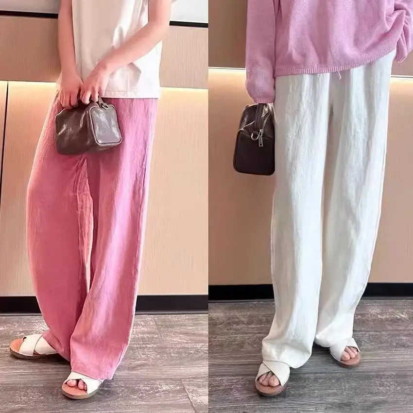 

Withered Versatile Casual Linen Yarn Woven Elastic Waistband With Loose Drawstring, Floor Length Pants Women's Pants And Trouser