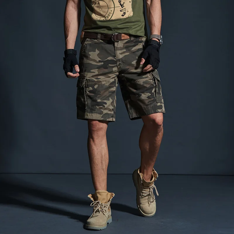 Summer Cargo Mens Shorts Bermudas Half Length Pants Straight Multi-pocket Green Kahki Casual Sportwear Work Shorts Trousers