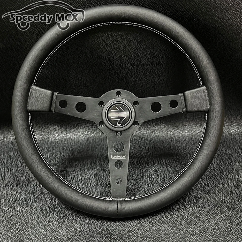 P1 14inch 350mm Real Leather Steering Wheel Car Racing Sport Flat Steering-Wheels Universal Center Steering-Control