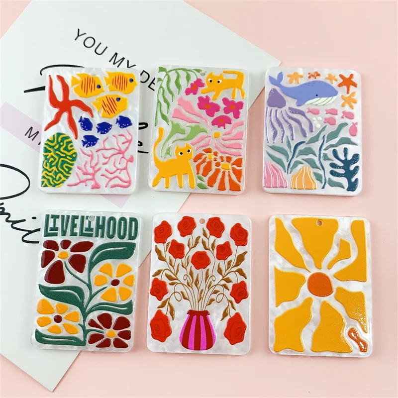 Summer style 40pcs/lot color pattern print geometry Rectangle shape acrylic beads diy jewelry garment hair accessory