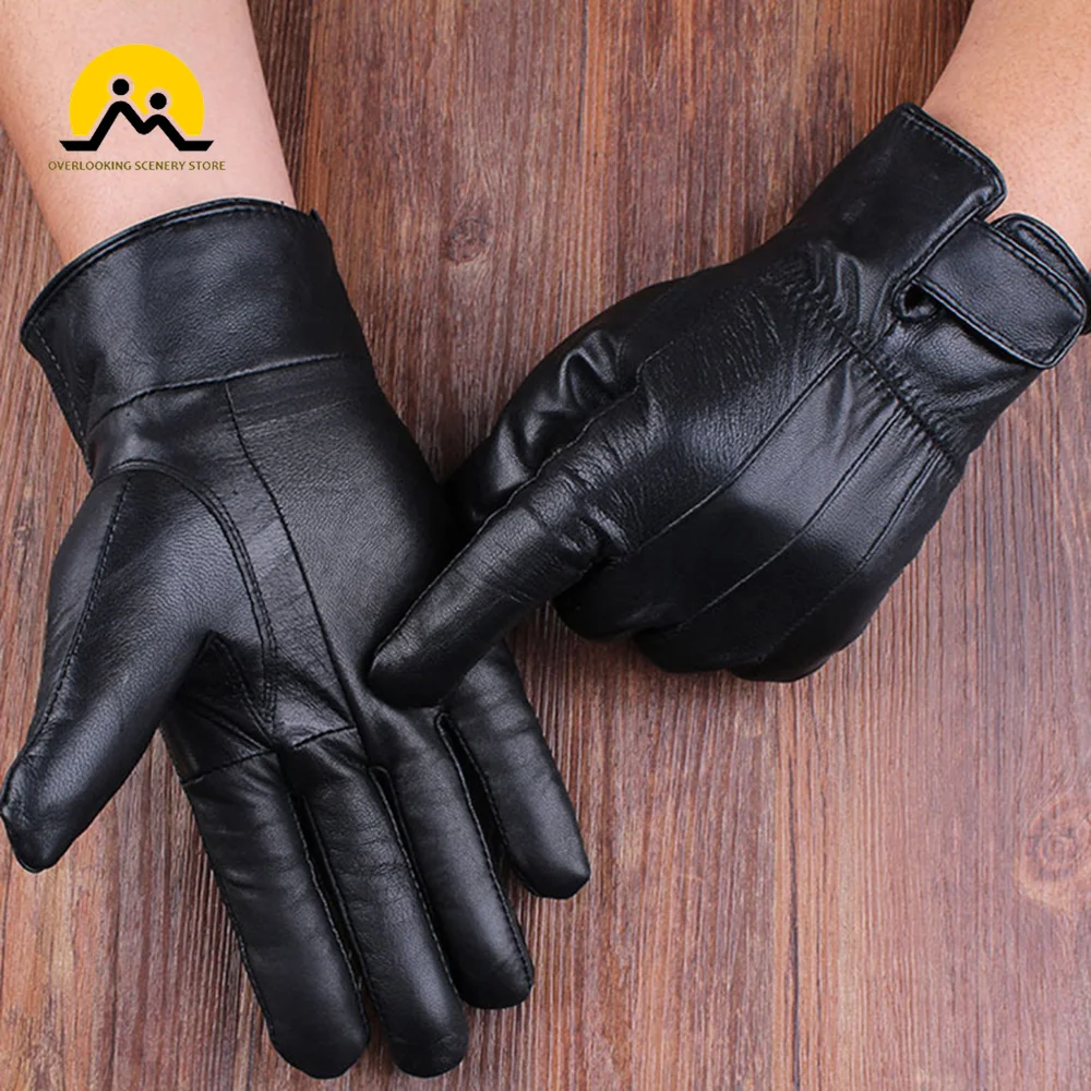 Winter Men Mittens Real Leather Gloves Genuine Leather Black Gloves Men Thick Cotton Winter Outdoor Riding Gloves Warm Mittens