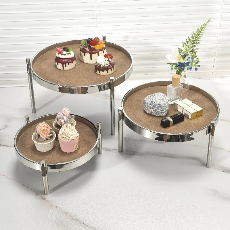 Stainless Steel Leather Tray Luxury Round Elevated Dessert Serving Plate Premium Jewelry Storage Holder Party Decor Accessory