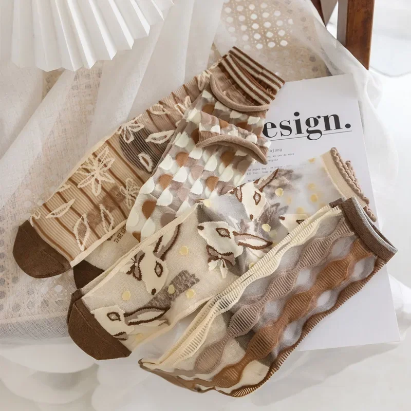 Novelty Harajuku Crystal Silk Socks Summer Ultra-thin Transparent Glass Silk Sock Cartoon Print Japanese Kawaiii Cute Long Socks