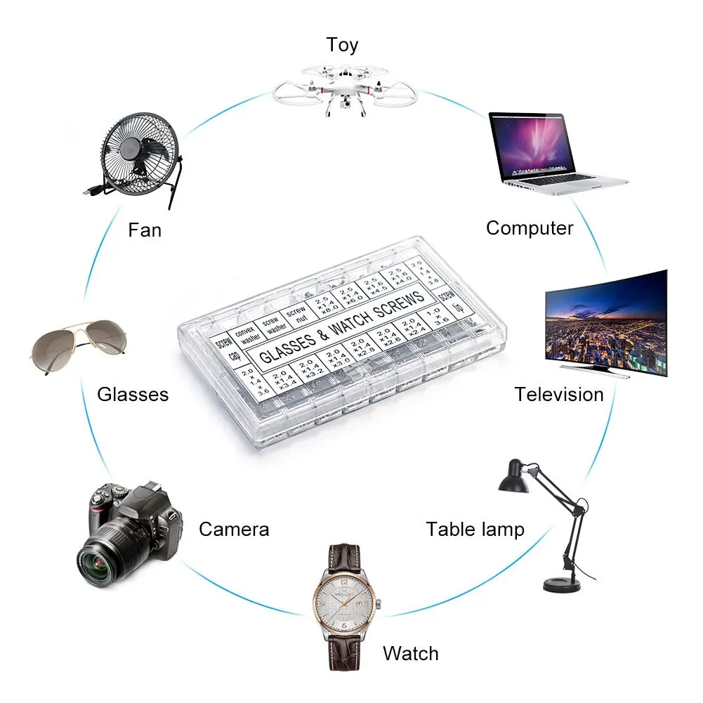 Parafuso substituição Kit Set para Óculos e Reparação do Relógio, Pequenos Parafusos, Variedade Porca, Aço Inoxidável, 1000Pcs