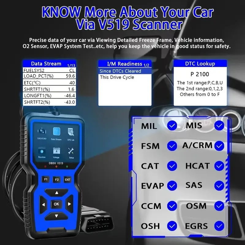 V519 BLAU Auto-Diagnosegerät Kfz-OBD2-Scanner für Motordiagnose mit Farbbildschirm 2026 – Detail 3