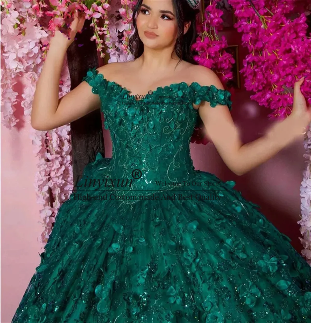 

Customized 3D Floars Appliques Lace Quinceanera Dresses Off Shoulder Sweet 16 Gowns Mexican Ball Gown Vestidos de XV anos