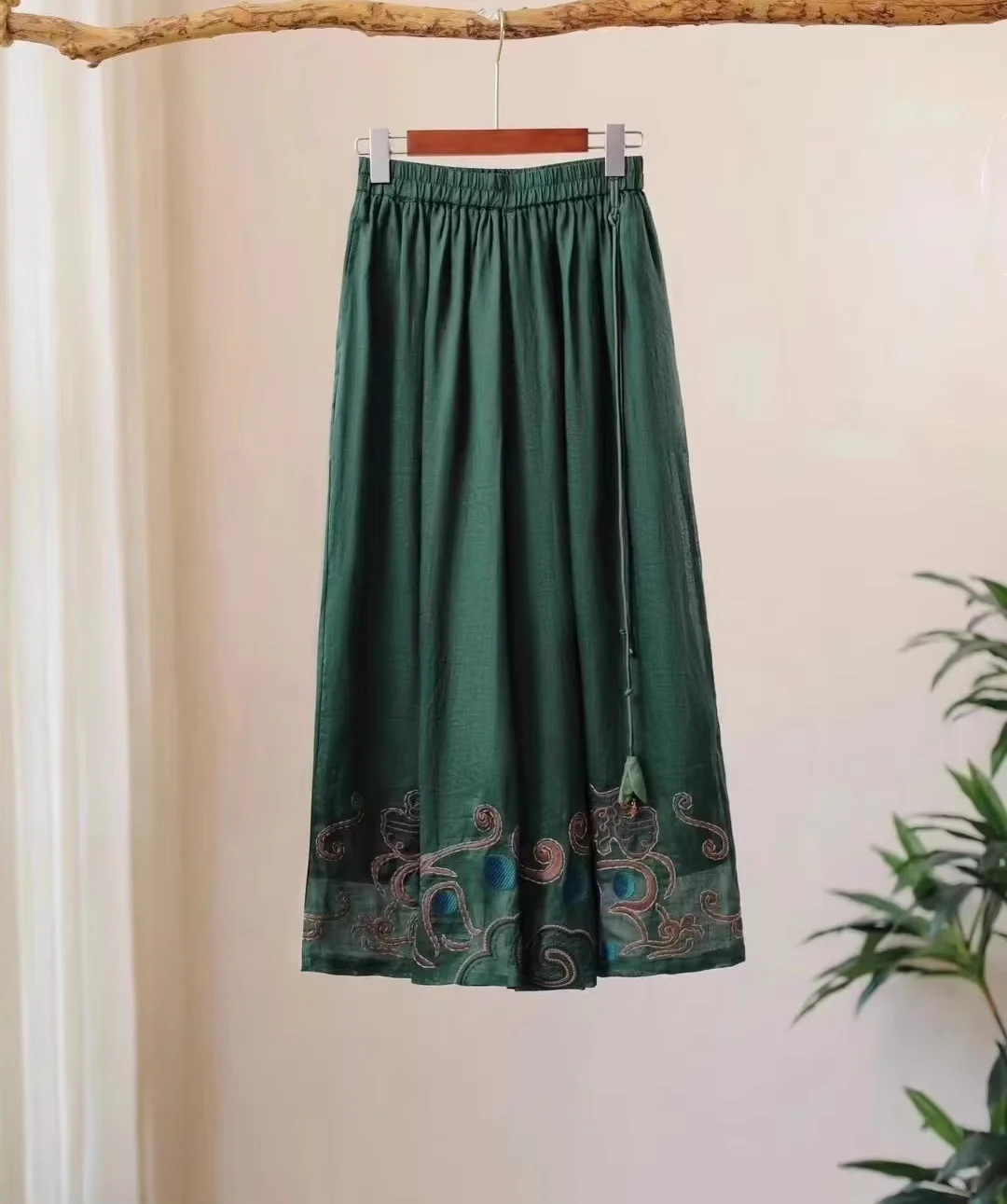 New Green Wide-leg pants 100% linen Vintage embroidery casual loose Women's pants national style elastic waist pantskirt