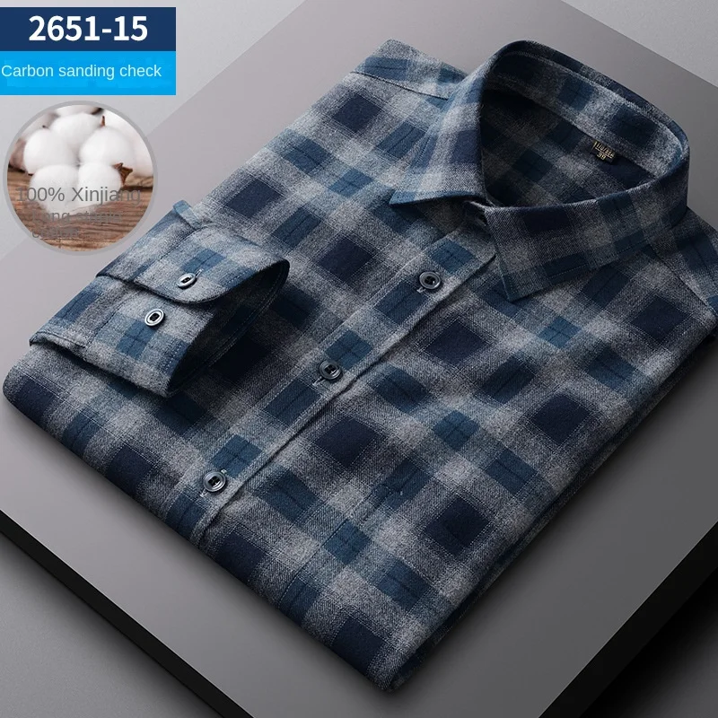 New cotton sanded plaid shirt men's spring and autumn coat casual long-sleeved middle-aged men's shirt cotton shirt