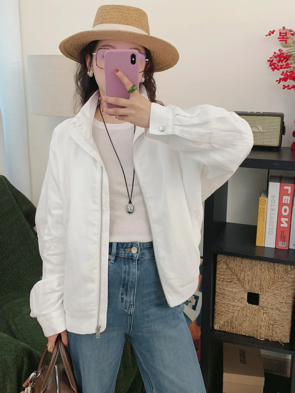 

Весна 2026 Женская льняная короткая куртка Han Han с воротником на молнии, дышащая, в расслабленном стиле, свободного кроя, с обычными и длинными рукавами, из чистого льна