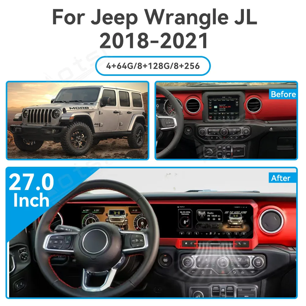 27.0 Inch Qualcomm Dual Screen For Wrangle JL 2018 2019 2020 2021 Multimedia Player AI Screen GPS Navigation DSP Car Accessories