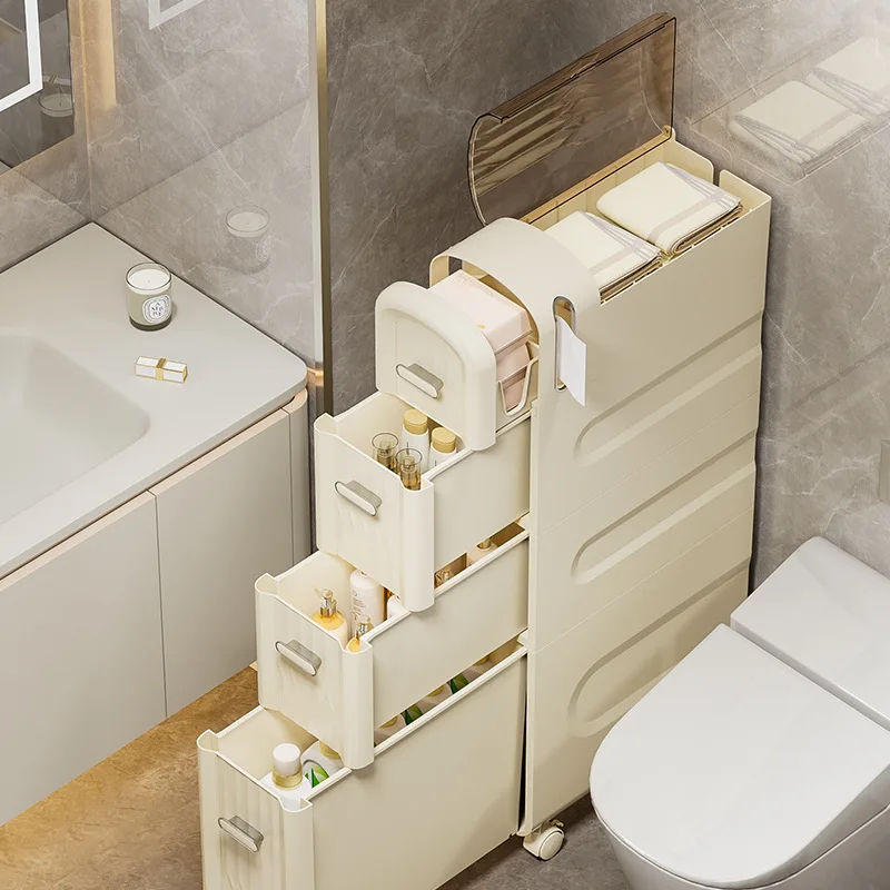 4 Tiers Narrow Storage Cabinet with Wheel Drawer Slim Bathroom Corner Shelf Plastic Rack for Kitchen Toilet Laundry Living Room