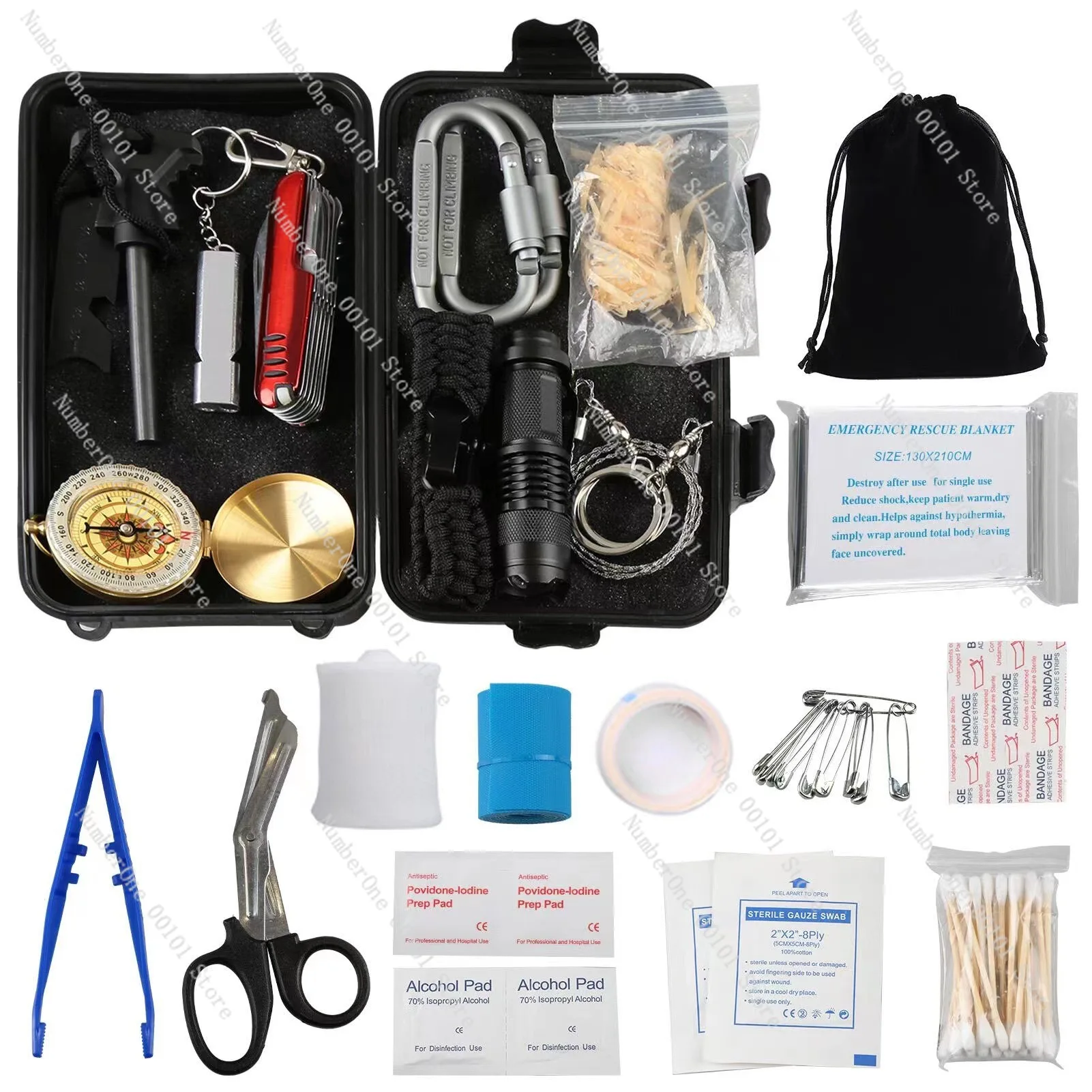 Outdoor survival gear, adventure survival emergency kit SOS first aid kit, compass