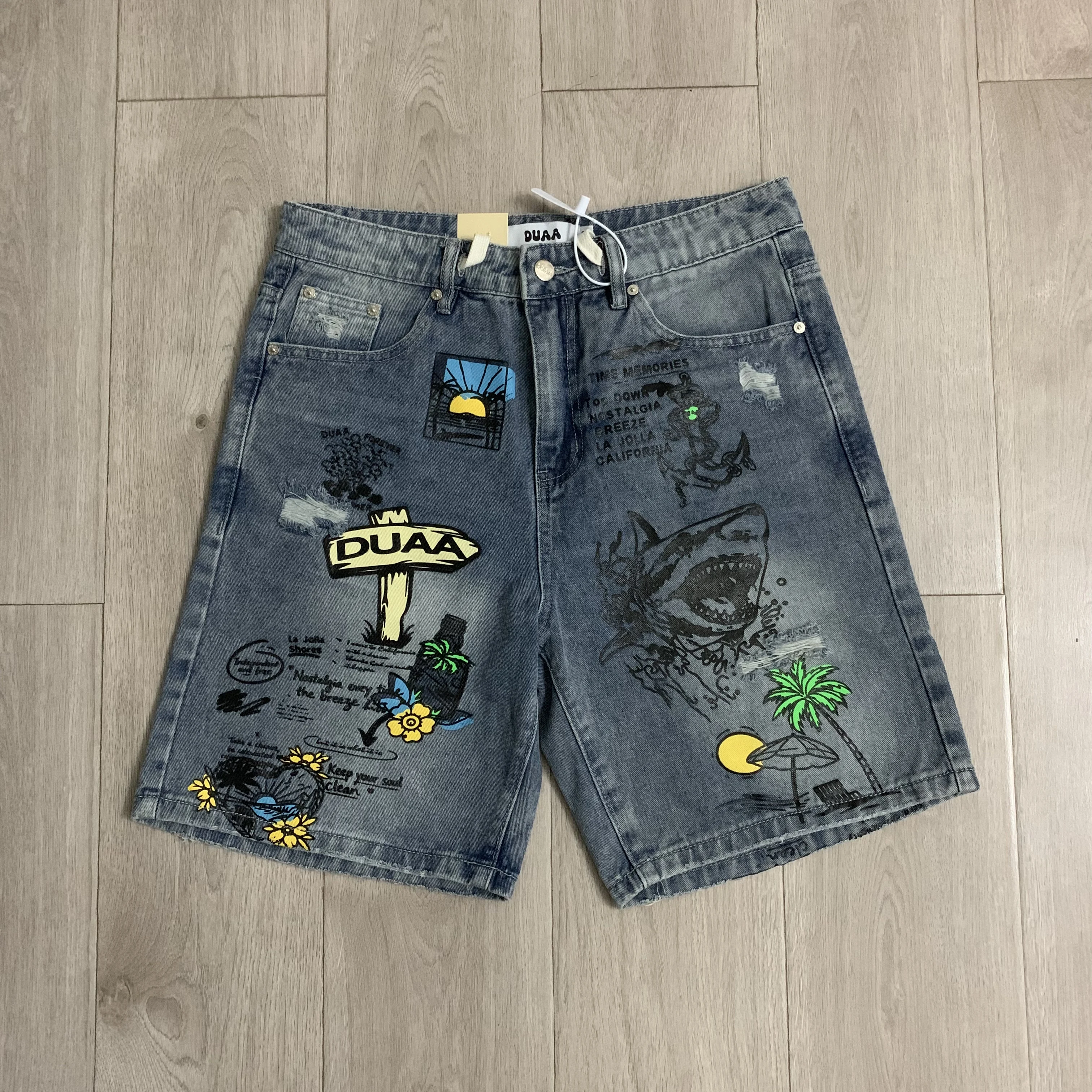 American Retro Graffiti Print Short Jeans Straight Leg Five-Point Pants Mid-Waist Summer Wear Resistant to Stain And Wear