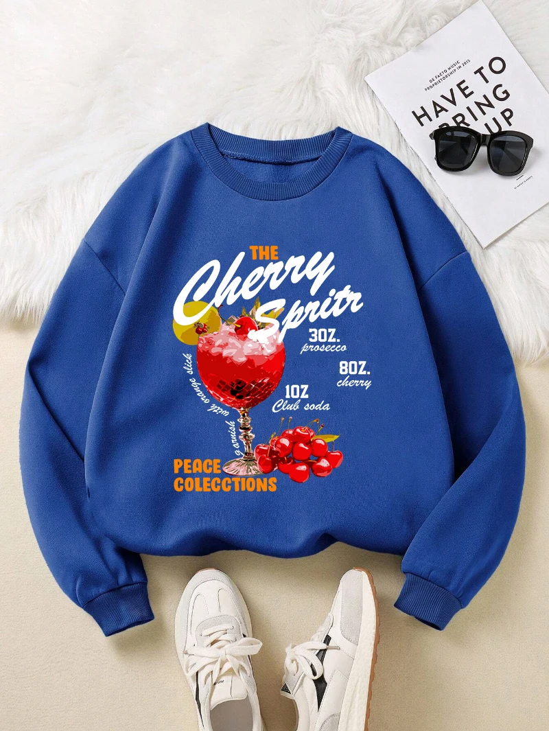 The Cherry Sprits Women Sweatshirts Fruit Cocktail Prints Hoodies Winter Casual Womans Pullover Fleece Warm Crewneck Clothes