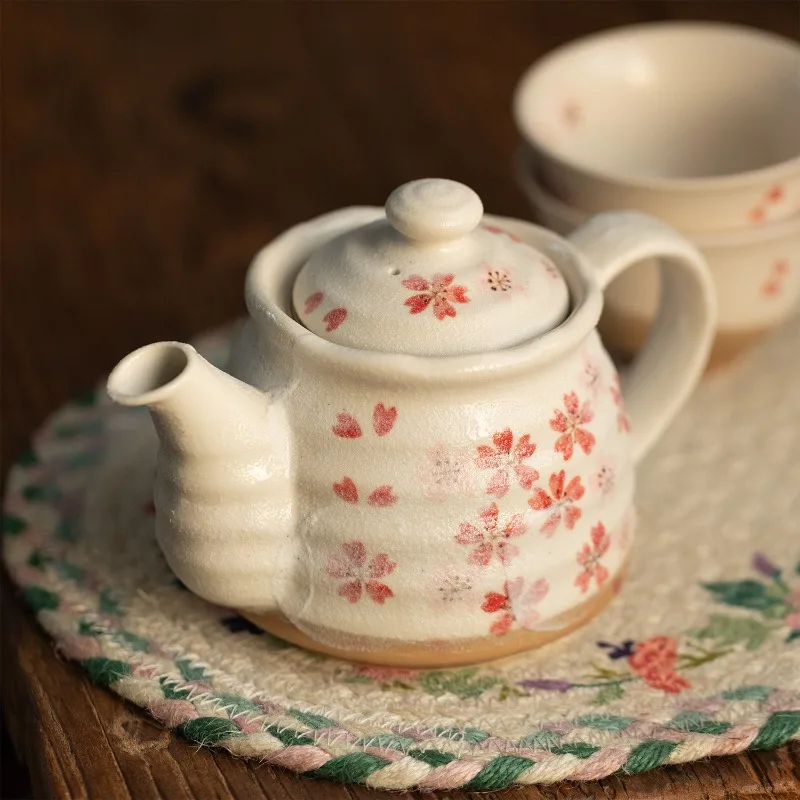 Japanese-Style Mino-yaki Hand-Painted Pink Cherry Blossom Ceramic Tea Set, Teapot & Cup, Elegant Brewing Set