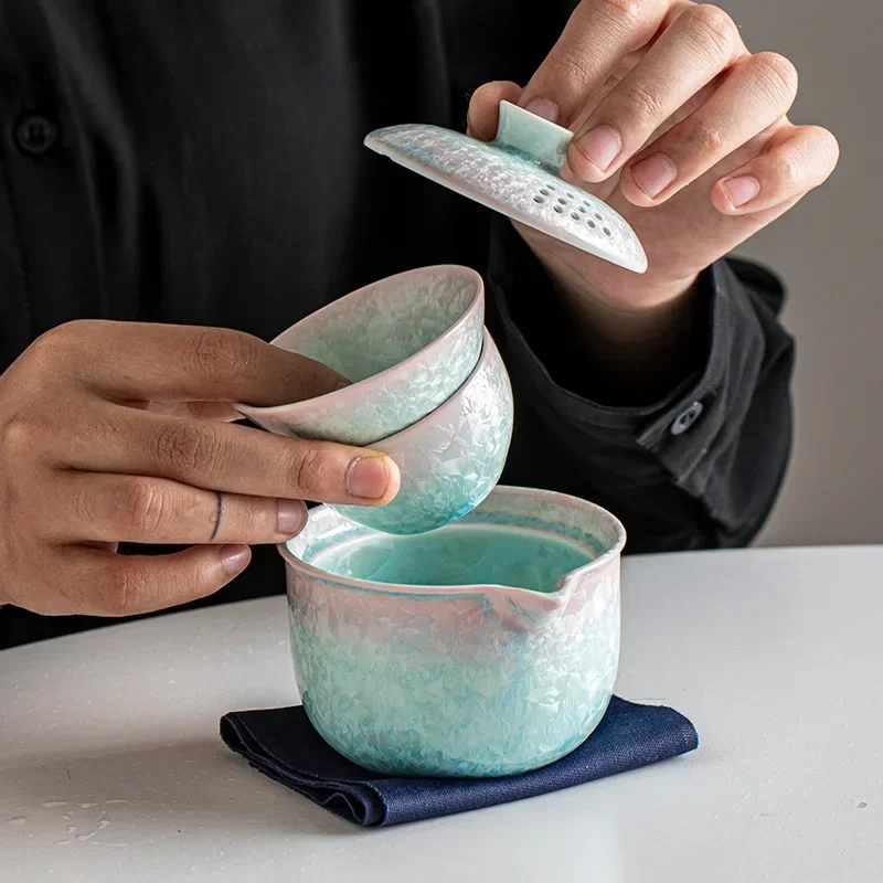 High-end Crystallized Glaze Hand-held Teapot, Travel Tea Set, One Pot Two Cups, Ceramic Tea Bowl, Colorful Business Gift Tool