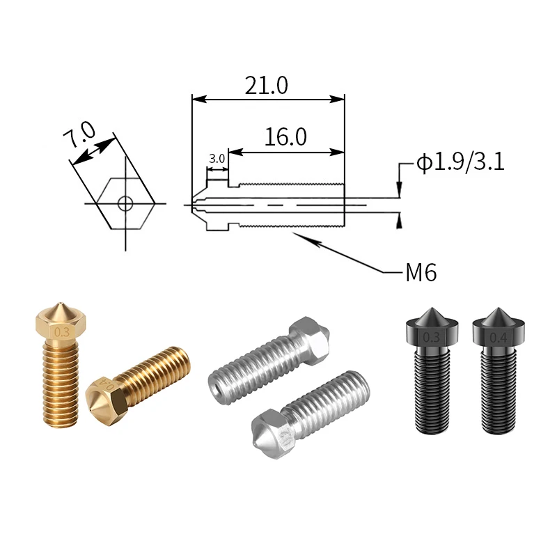 Stampante 3D Hotend ugello vulcano E3D M6Thread 0.2/0.3/0.4/0.5/0.6/0.8/1.0/1.2mm per Kit di aggiornamento ugello stampante a filamento 1.75/3mm