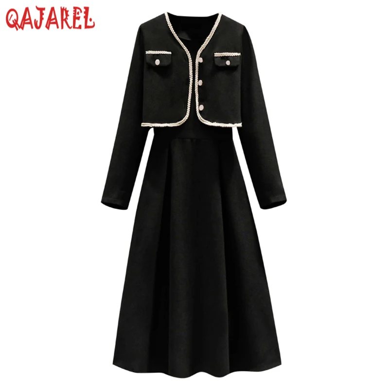 2024 Autumn Winter Black Korean Vintage Hepburn Two Piece Sets Women Long Sleeve Top Coat+Sexy Midi Sling Dress Two Piece Sets