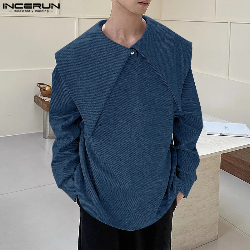 INCERUN New Men Korean Fashion Tops 2024 Casual Long Sleeve Solid Color Shirts Navy Collar Streetwear Male Loose Elegant Outfits