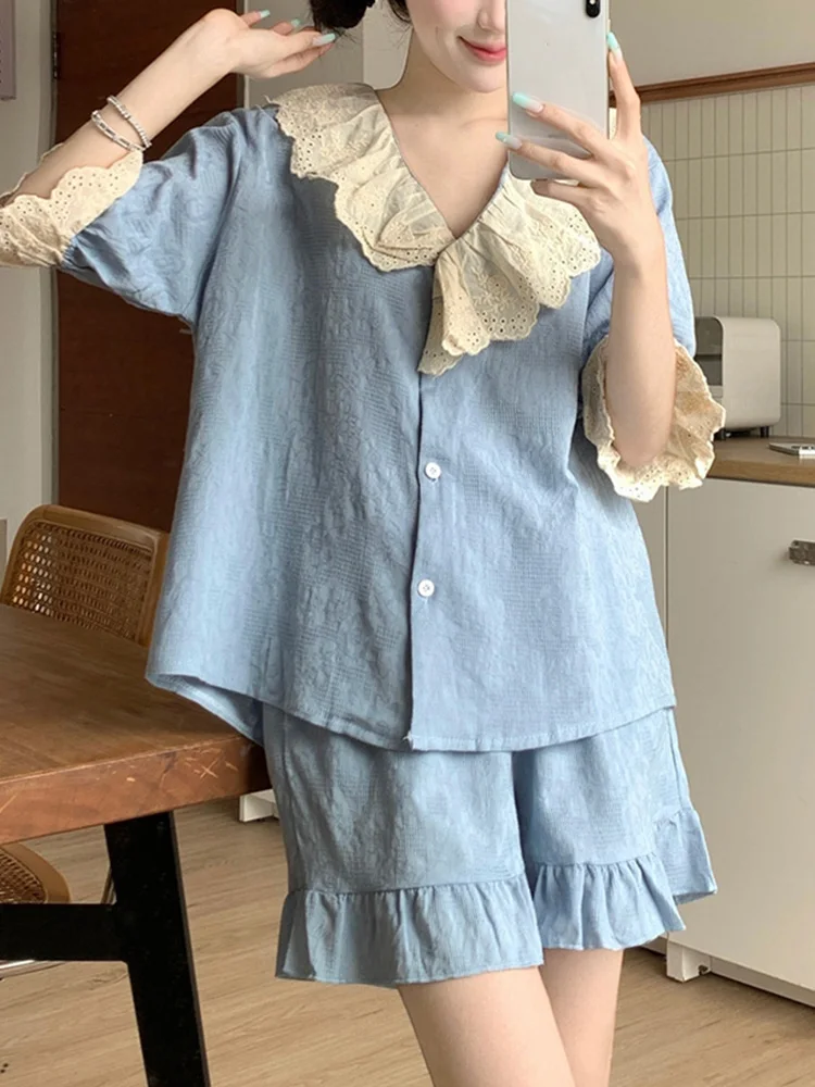 

Lace New Simple Sweet Solid Summer Short Sleeve Pajama Set Women Princess Korean Loose Elegant Casual Splicing Sleep Tops Ins