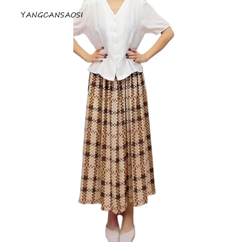 

Женская повседневная пляжная юбка в стиле отпуска, 100% натуральный шелковый крепдешин, эластичная талия, британская юбка с сетчатым узором